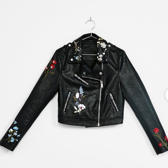 Bershka Jackets & Blazers - Bershka Faux Leather Embroidered Floral Jacket